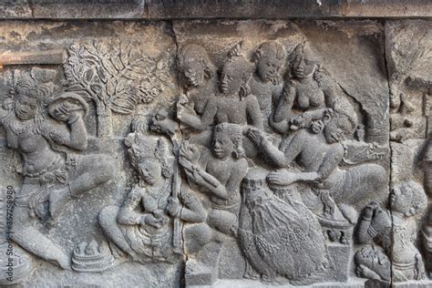 Wall carvings on stone at Prambanan hindu temples. Scenes about hindu ...