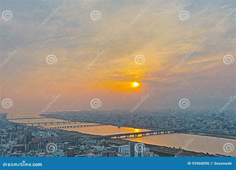 High Angle View of Osaka City with Yodo River at Sunset Time. Editorial ...