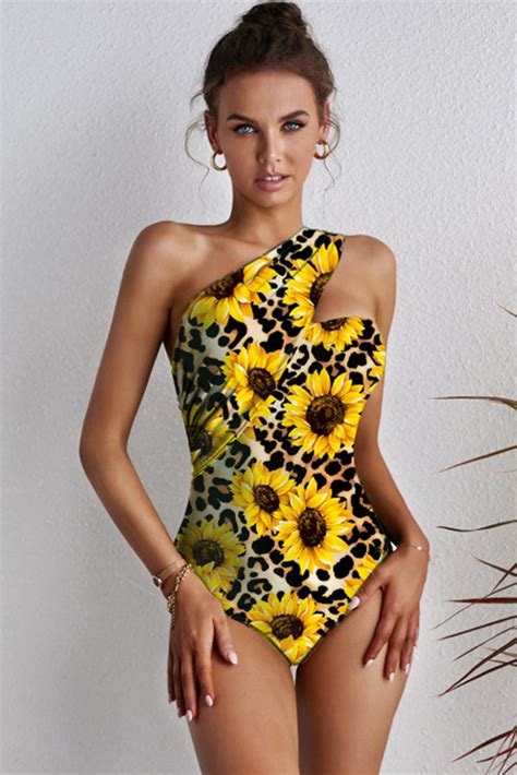 Yellow Sunflower Leopard Asymetrical Neck One-piece Swimsuit