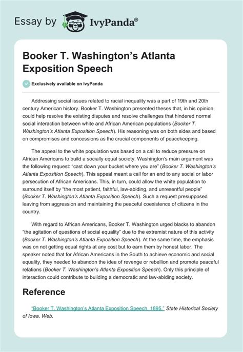 Booker T. Washington's Atlanta Exposition Speech - 278 Words | Essay ...