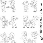 5 Kids Good And Bad Behavior Friends Sharing Toys Clip Art | Royalty Free - GoGraph