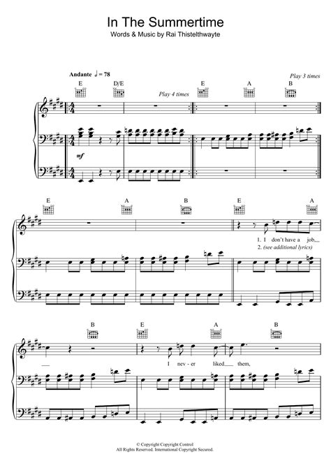 In The Summertime by Thirsty Merc Sheet Music for Piano, Vocal & Guitar Chords at Sheet Music Direct