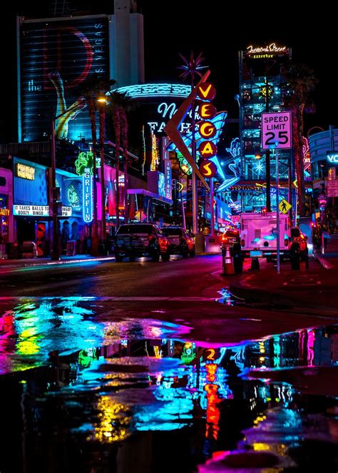 'Neon night city Las Vegas' Poster, picture, metal print, paint by Synthwave 1950 | Displate