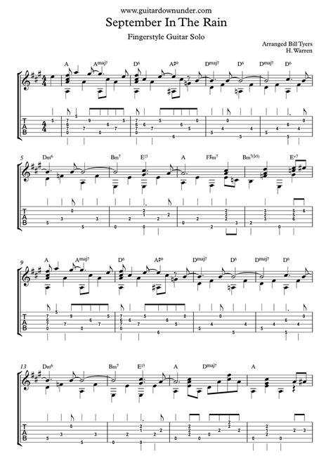 "September In The Rain" fingerstyle guitar music in tab and notation