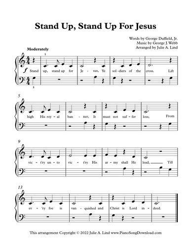 Stand Up, Stand Up For Jesus, free easy hymn sheet music for piano with ...