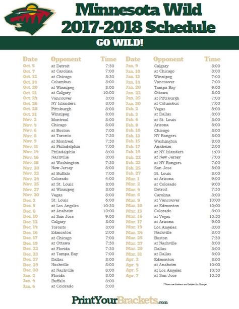 Minnesota Wild Printable Schedule