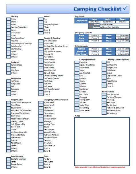 Free Excel Camping Checklist Template Download