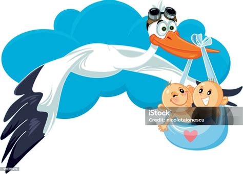 Cartoon Stork With Twins Vector Illustration Stock Illustration ...