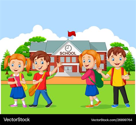 Happy school children in front school Royalty Free Vector