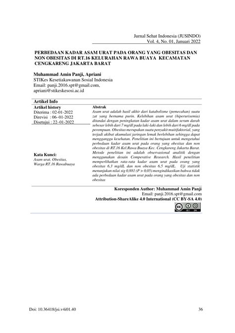 (PDF) Perbedaan Kadar Asam Urat pada Orang yang Obesitas dan Non Obesitas di Rt.16 Kelurahan ...