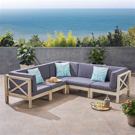 Elisha Outdoor 5 Piece Acacia Wood Sectional Sofa Set with Cushions ...