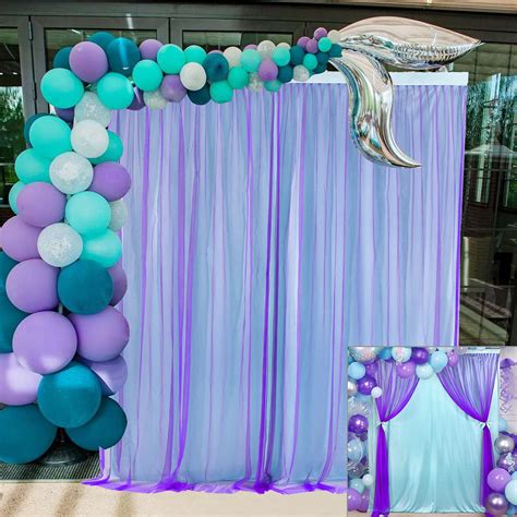 Buy Mermaid Backdrop for Girls Birthday Purple Tulle Backdrop Curtain with Bow Tie for Under The ...