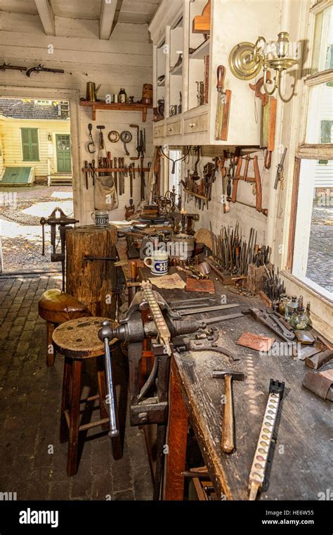 Workbench in the Colonial Williamsburg gunsmith shop Stock Photo - Alamy