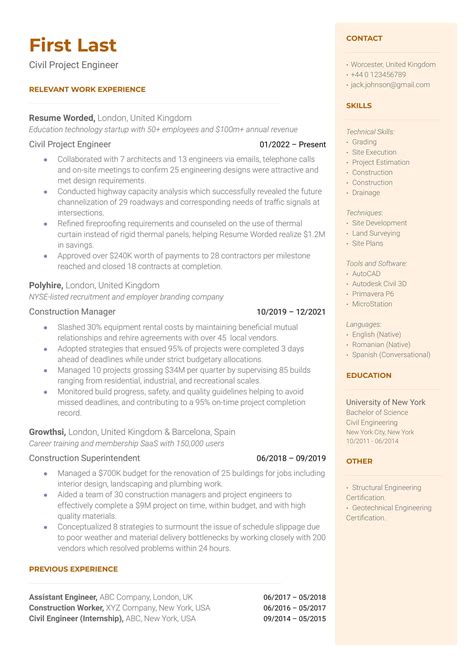 Civil Project Engineer Resume Example for 2023 | Resume Worded