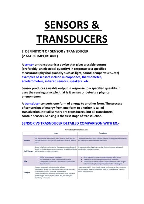 Sensors AND Transducers Simplified Notes EXAM Oreiented - SENSORS & TRANSDUCERS 1. DEFINITION OF ...