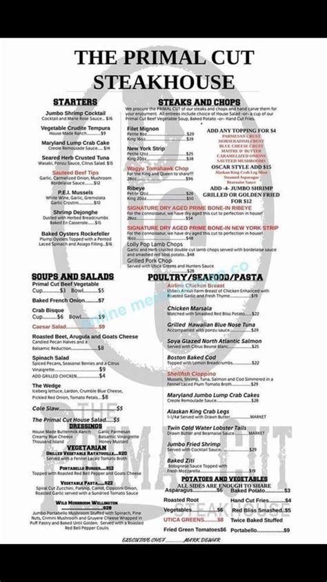 Menu at The Primal Cut steakhouse, Tinley Park