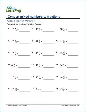 grade 4 fractions worksheets free printable k5 learning - grade 4 math worksheets convert mixed ...