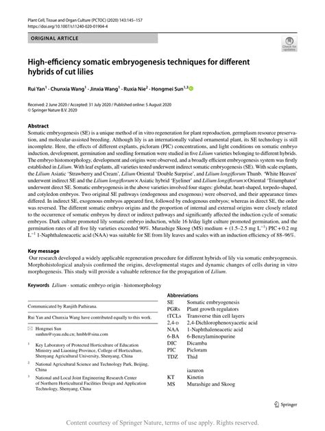 High-efficiency somatic embryogenesis techniques for different hybrids of cut lilies | Request PDF