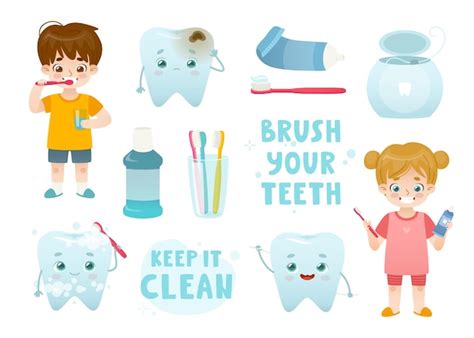 Premium Vector | Dental hygiene cartoon set with kids and teeth dental ...