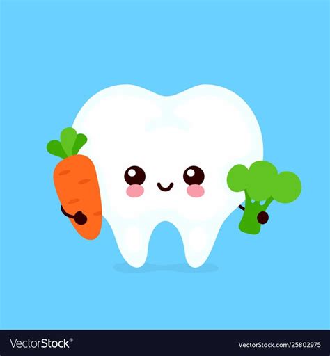 Cute healthy happy tooth character with broccoli and carrot. Vector flat cartoon illustration ...