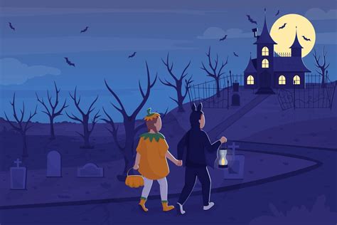 Trick or treat in haunted mansion on Halloween flat color vector illustration 4991618 Vector Art ...