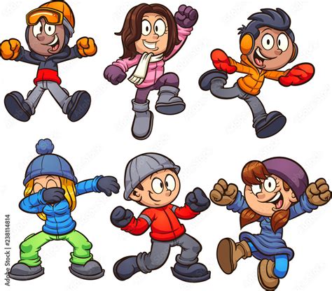 Cartoon kids in winter clothes. Vector clip art illustration with simple gradients. Each on a ...