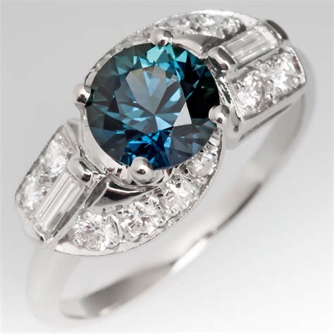 Rich Teal Sapphire Ring w/ Baguette & Round Diamonds 1950's Vintage ...