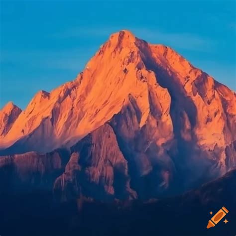 Painting of a snowy peak mountain at sunset