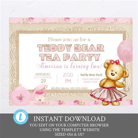 Teddy Bear Tea Party Birthday Invitation Teddy Bear Balloon - Etsy