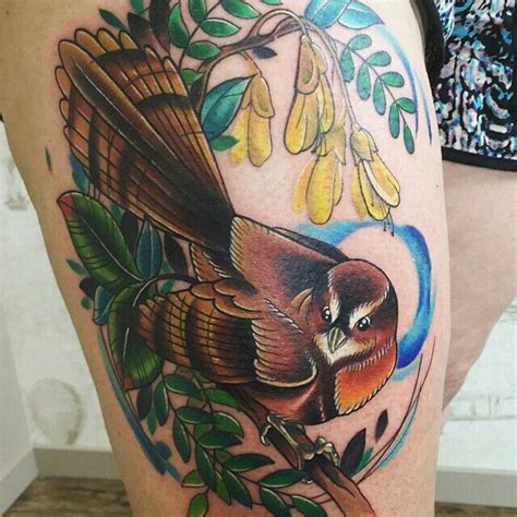 NZ themed bird flora fauna tattoo by Emma Kerr #fantail | New zealand ...