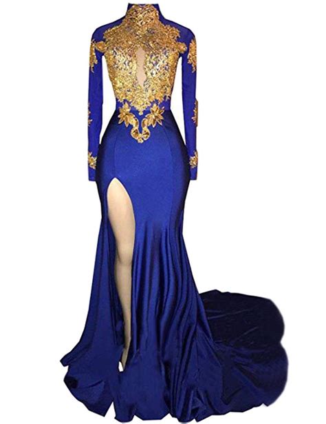 Monabridal Women's High Neck Golden Lace Evening Dresses Split Side ...