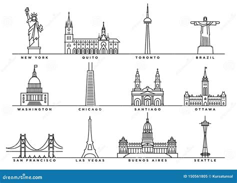 Famous Landmarks of America with Flat Line Style Editorial Image - Illustration of vector ...