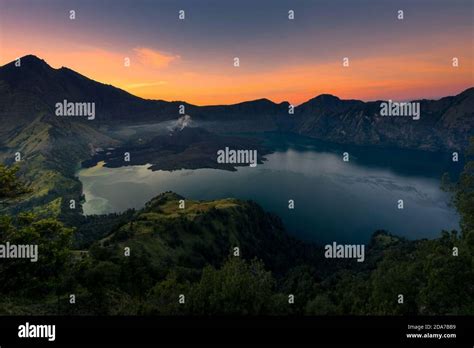 Mount Rinjani (or Gunung Rinjani) landscape at crater rim overlooking ...