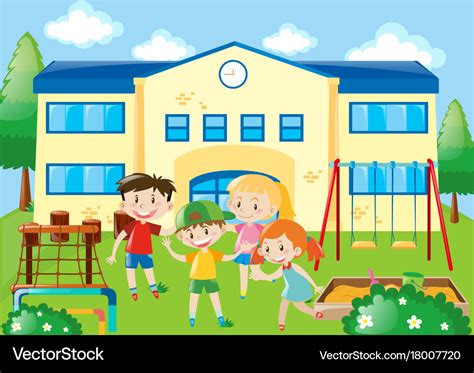 Four students in the school playground Royalty Free Vector