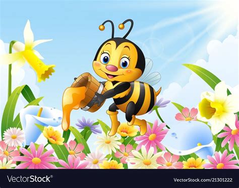 illustration of Cartoon bee holding honey bucket with flower background ...