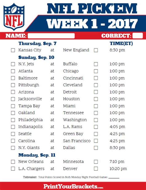 NFL Week 1 Pick'em Sheet in Color | Nfl week, Nfl week 1, Printable nfl schedule