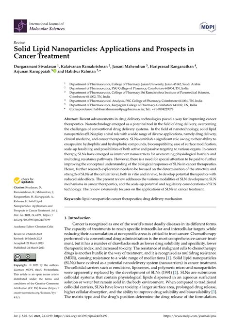 (PDF) Solid Lipid Nanoparticles: Applications and Prospects in Cancer ...