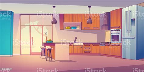 Kitchen Room Vector Cartoon Interior Illustration Stock Illustration ...