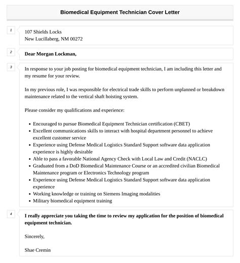 Biomedical Equipment Technician Cover Letter | Velvet Jobs