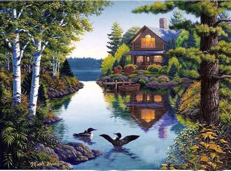 Cabin by the Lake Painting