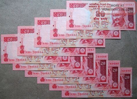 Year 2013 Rs. 20 Twenty Rupees Gandhi Unc/ Note Serially 10 Pc From Bundle