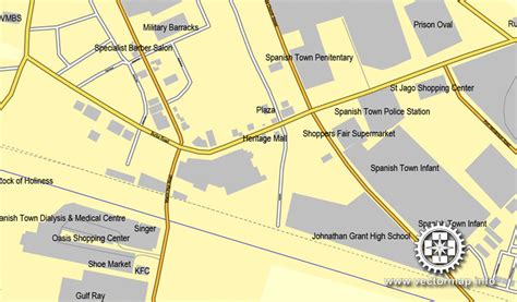 Spanish Town, Jamaica in Adobe Illustrator, printable vector street City Plan map, fully editable