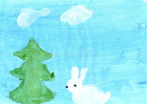 Children Drawing with Hare Under Christmas Tree in Winter. Holiday Art ...