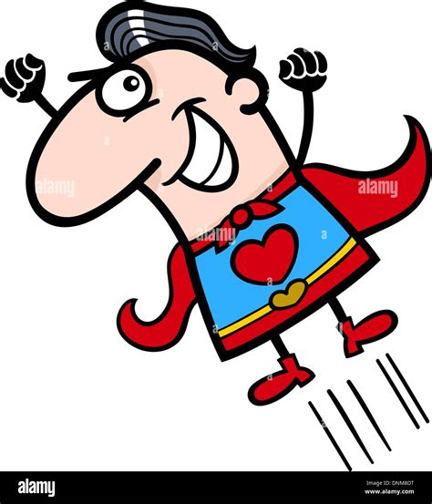 Cartoon Illustration of Funny Flying Man in Superhero Costume with ...