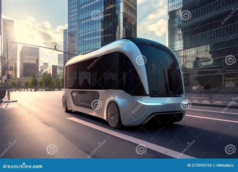 Futuristic Electric Bus Driving Past Towering Skyscraper, with View of ...