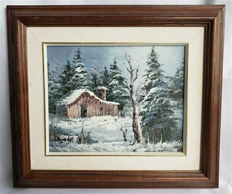 FRAMED ORIGINAL OIL PAINTING ON BOARD BARN IN WINTER SCENE LANDSCAPE ...