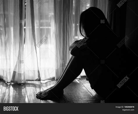 Black White Sad Woman Hug Her Knee Image & Photo | Bigstock