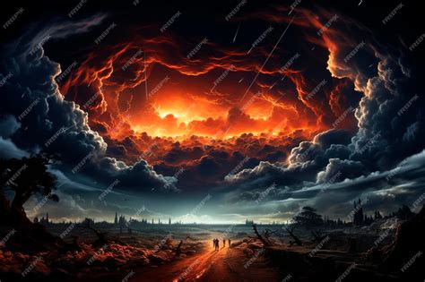 Premium AI Image | Fantasy landscape with a burning city with a lightning in the middle of a ...