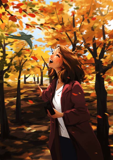 a woman standing in front of trees with leaves falling off the ground ...