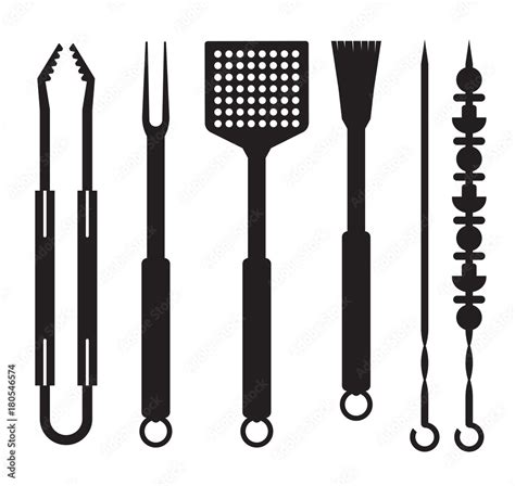 Grill and barbecue utensils icons in outline design. BBQ tools logo or ...